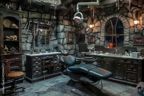 A dentist's office featuring a dental chair and a sink, emphasizing a clean and professional environment for patient care. Grimma s fairytale interpretation of a dentista s office. photo