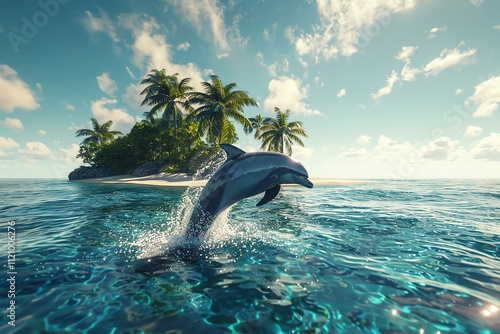 Dolphin leaping near tropical island. (1)