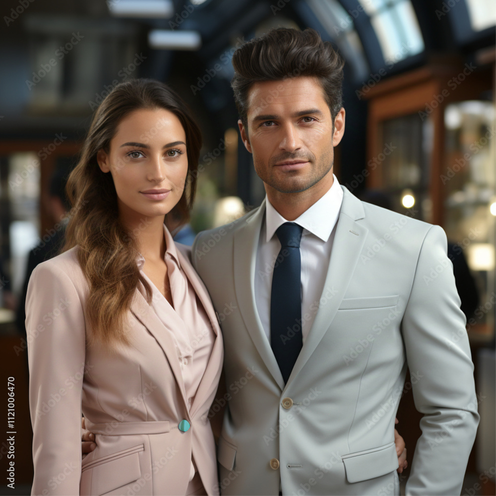 an Egyptian professional businessman, approximately 25 years old, standing confidently beside a businesswoman of about the same age. an Egyptian professional businessman, approximately 25 years old, standing confidently beside a businesswoman of about the same age.