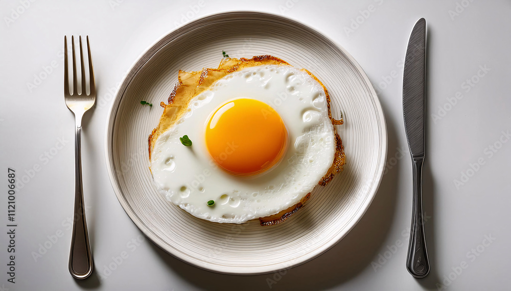 Fried eggs on a plate, a healthy breakfast meal with cooked egg whites and golden yolks Fried eggs on a plate, a healthy breakfast meal with cooked egg whites and golden yolks