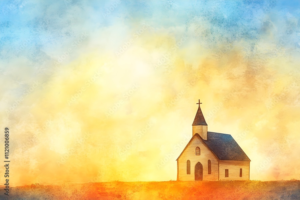 A church is painted in a landscape with a bright sun in the background A church is painted in a landscape with a bright sun in the background