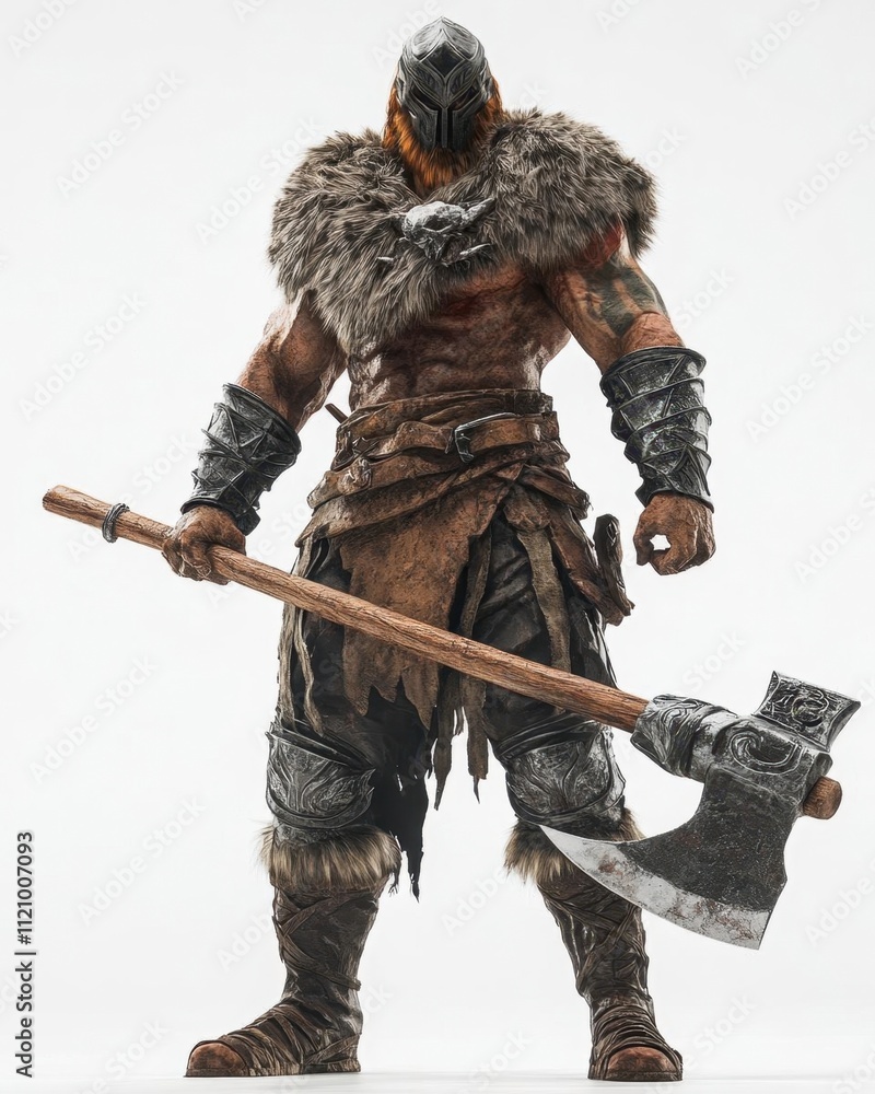 A muscular warrior in fur and armor, wielding a large axe. A muscular warrior in fur and armor, wielding a large axe.