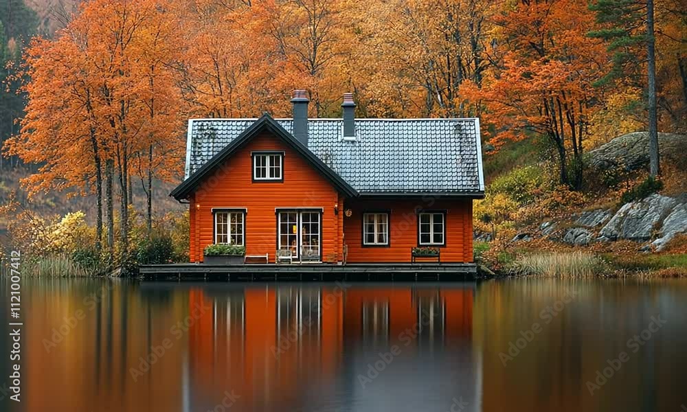 Cozy orange house by a calm lake amid autumn foliage. Cozy orange house by a calm lake amid autumn foliage.