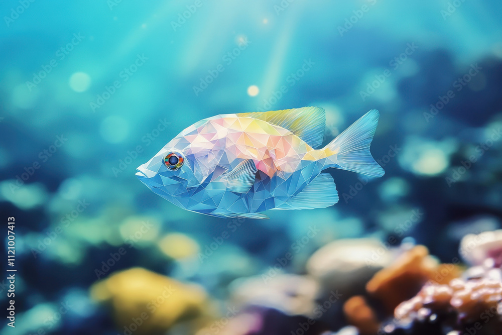 A vibrant polygonal fish swims gracefully in a luminous underwater scene, showcasing a blend of geometric and natural elements amidst sunlit marine life. A vibrant polygonal fish swims gracefully in a luminous underwater scene, showcasing a blend of geometric and natural elements amidst sunlit marine life.
