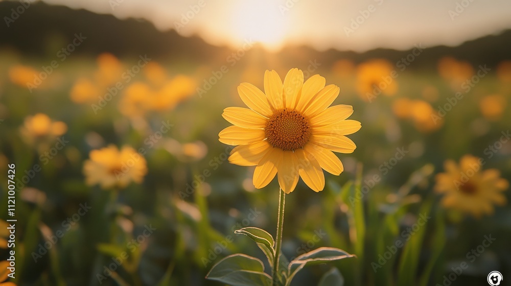 Fototapeta premium Vibrant Yellow Sunflower Blooming Under Warm Golden Sunlight in a Lush Green Field, Capturing the Essence of Nature's Beauty at Sunrise