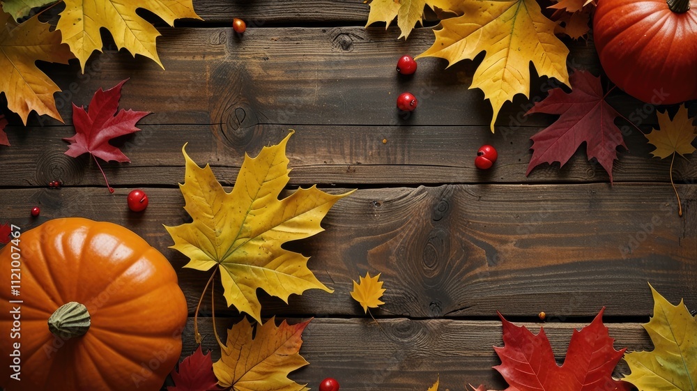 Obraz premium Colorful autumn leaves and apples frame a rustic wooden background, perfect for fall-themed designs.