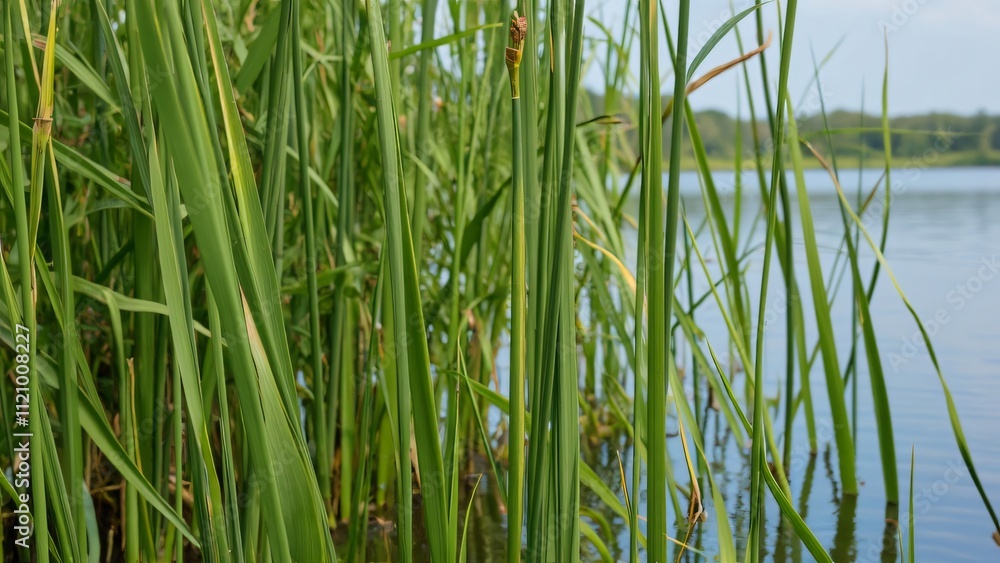 Obraz premium Vibrant Green Reeds by Calm Water, Close-Up Nature Photography of Tall Aquatic Plants