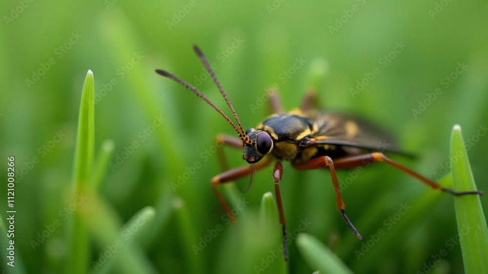 Naklejka premium Macro Aerial View of Insect on Grass Blades, Detailed Close-Up Photography of a Striking Yellow and Black Insect Resting on Lush Green Grass
