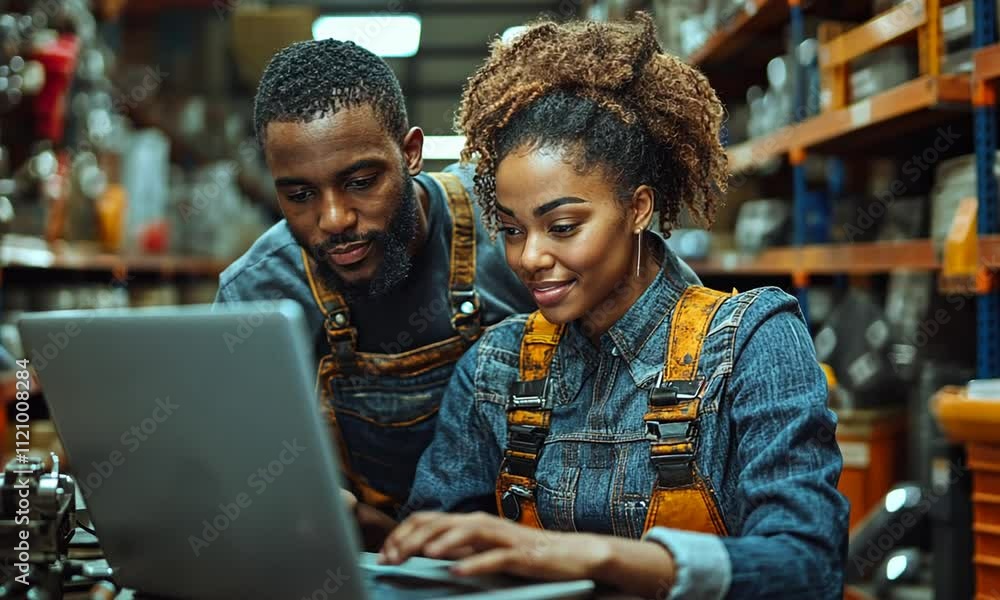 Two individuals collaborating on a laptop in a workshop setting. Two individuals collaborating on a laptop in a workshop setting.
