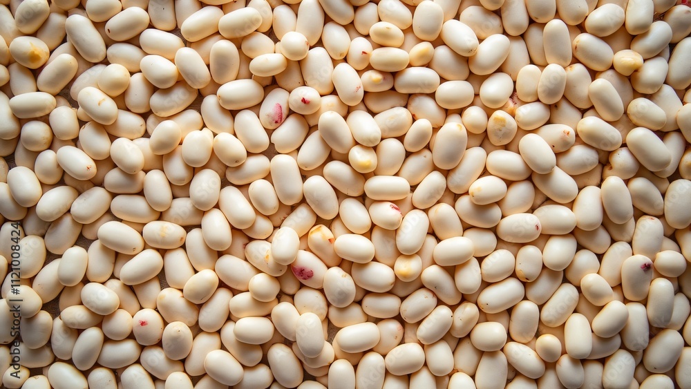 Aerial View of Scattered White Beans, Creamy, Red-Spotted, James Spread Style Photography Aerial View of Scattered White Beans, Creamy, Red-Spotted, James Spread Style Photography