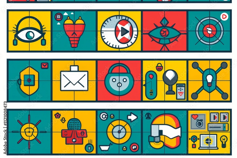 A collection of vibrant icons featuring various designs and colors, showcasing diversity in style and representation. Icons representing different types of cybersecurity threats . A collection of vibrant icons featuring various designs and colors, showcasing diversity in style and representation. Icons representing different types of cybersecurity threats .