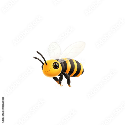 Cute cartoon bee with black and yellow stripes flying happily