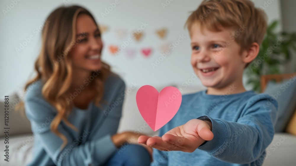 Adorable Boy Showing Valentine's Day Heart Card to Mom, Sweet Family Moment in Cozy Living Room Adorable Boy Showing Valentine's Day Heart Card to Mom, Sweet Family Moment in Cozy Living Room