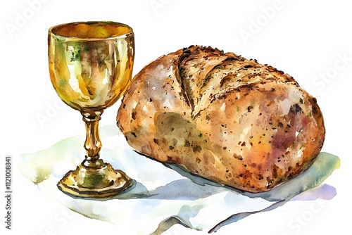 Watercolor illustration of a loaf of bread and chal photo