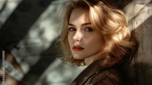 Fashion portrait of young blonde woman with curly hair and brown jacket, posing with light and shadows on her face