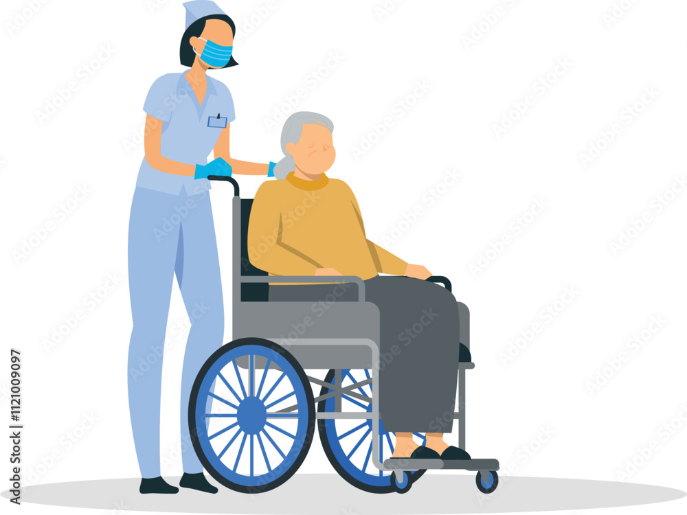 Health and social care for caregiver with patient in old care training, social care training of social and healthcare service with caregiving. Caregiver moving wheelchair with vulnerable adult woman Health and social care for caregiver with patient in old care training, social care training of social and healthcare service with caregiving. Caregiver moving wheelchair with vulnerable adult woman