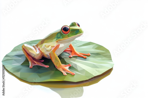 Colorful geometric frog sitting on a lily pad, showcasing unique polygonal art style with vibrant greens and oranges.