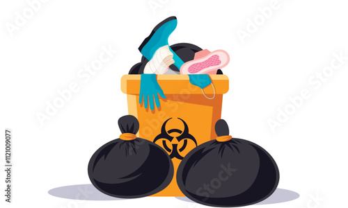 Hazardous waste in dustbin with used dressing and menstrual pad of clinical waste and hazardous waste of infectious medical garbage storing bin. Medical waste in black polythene with medical equipment