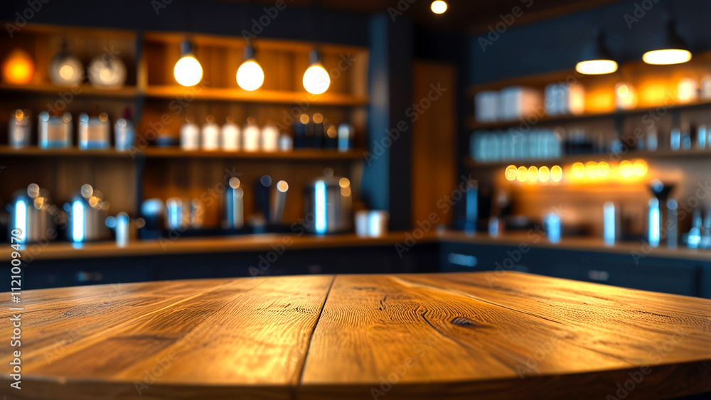 Empty wooden table with bokeh background of barista workplace, mockup for product display Empty wooden table with bokeh background of barista workplace, mockup for product display