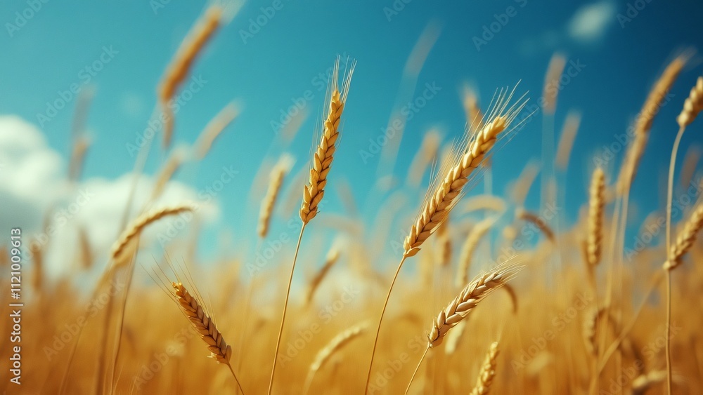 Fototapeta premium Golden Wheat Field, Cinematic Close-up of Ripe Grain Stalks Swaying Gently in a Summer Breeze under a Vibrant Blue Sky