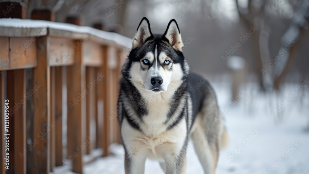 Stunning Close-up of a Husky Dog in Snowy Winter Landscape, Stunning Close-up of a Husky Dog in Snowy Winter Landscape,