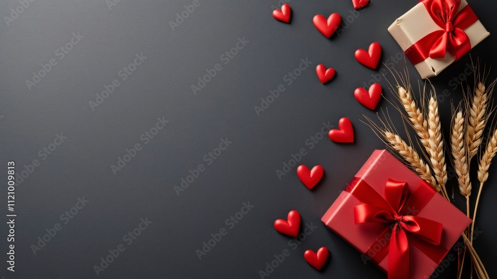 Symmetrical Valentine's Day Design, Red Hearts, Wheat, Gift Boxes on Dark Gray Background Symmetrical Valentine's Day Design, Red Hearts, Wheat, Gift Boxes on Dark Gray Background