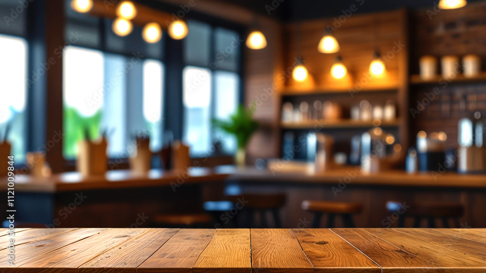 Empty wooden table with bokeh background of barista workplace, mockup for product display Empty wooden table with bokeh background of barista workplace, mockup for product display