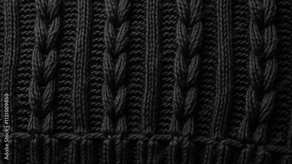 Fototapeta premium High-Resolution Black Knit Fabric Texture, Close-Up View of Cable Knit Wool Sweater Material with Wavy Lines and Intricate Weave Pattern