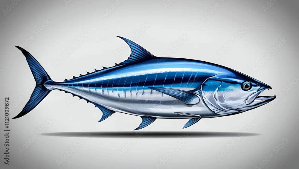 Obraz premium World Tuna Day, Bluefin tuna illustration on white background, Tuna Seafood for Culinary and Food Concepts. A tuna fish jumping out the water, Generative Ai
