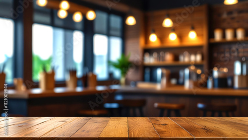 Empty wooden table with bokeh background of barista workplace, mockup for product display