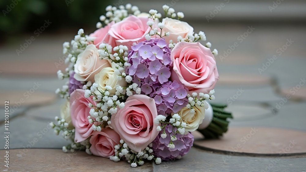 Elegant Pink and Purple Wedding Bouquet, Roses, Hydrangeas, and Baby's Breath on Stone Elegant Pink and Purple Wedding Bouquet, Roses, Hydrangeas, and Baby's Breath on Stone