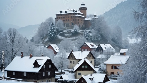 Snowy Medieval Karsruhe Town & Hohenzollern Castle in Switzerland, Winter Wonderland Scene photo