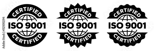 ISO 3166, 13485, 31000, 26000, 27001, 22000, 45001, 50001, 9001, 14001 certified badge set. International Organization for Standardization ISO logo, label, emblem, stamp, vector isolated illustration.