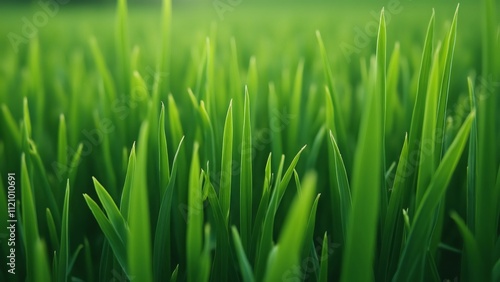 Lush Green Grass Blades, High-Resolution Cinematic Close-up of Vibrant Field, 45-Degree Angle, Ultra-Realistic Detail