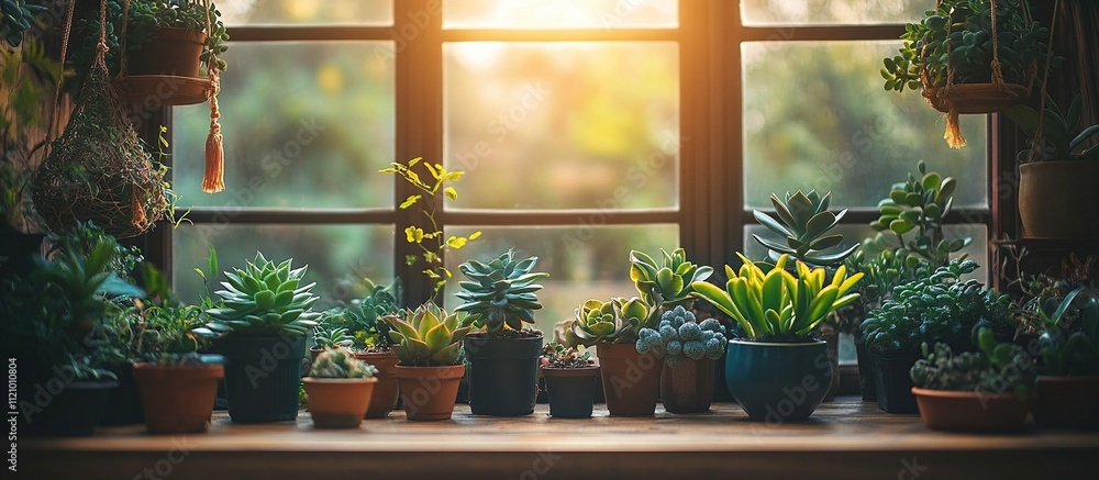 Sunlit window sill with various succulents and plants in pots. Sunlit window sill with various succulents and plants in pots.