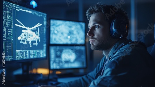 Focused man in headphones views helicopter design on multiple monitors. Image ideal for tech, engineering, or aviation projects.