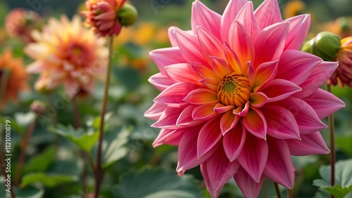 Vibrant Pink and Yellow Dahlia Flower in Full Bloom, Surrounded by Other Flowers and Green Leaves, Blurred Garden Background, Natural Light, Freshness and Vitality, Detailed Petals,