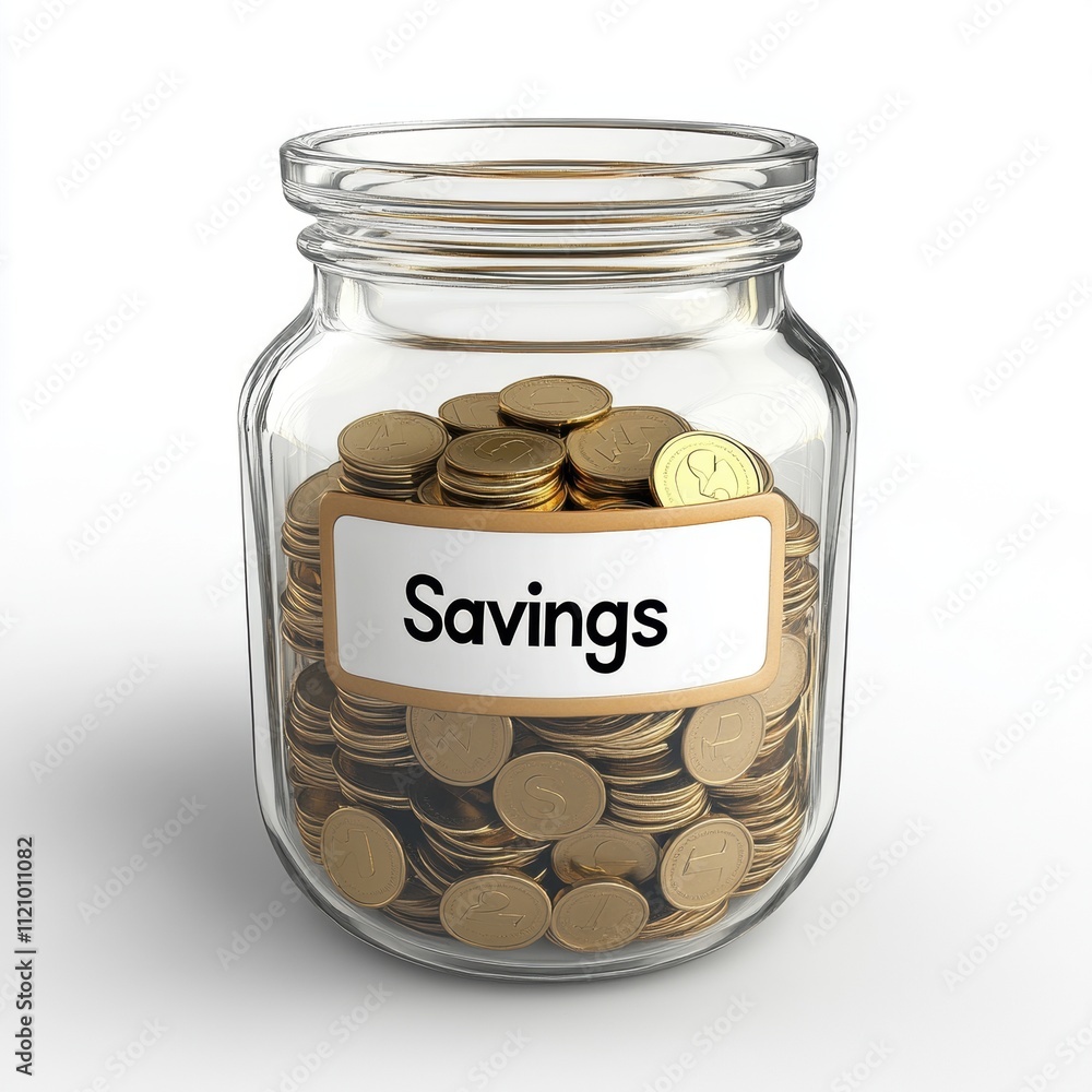 A glass jar filled with coins isolated on white background for financial planning concept A glass jar filled with coins isolated on white background for financial planning concept