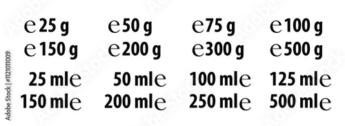 Estimated e sign (e-mark) with correct dimensions as per EU Directive 71/316. Versions with commonly used weights and volumes for food and cosmetics label.