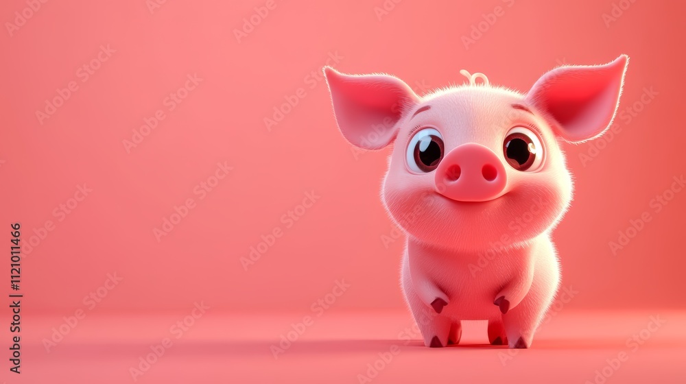 Adorable pink piglet baby with big eye on pink background Adorable pink piglet baby with big eye on pink background