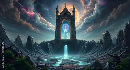 Surreal Gothic Sci-Fi Horror Portal with Alien Landscape and Mystical Energy