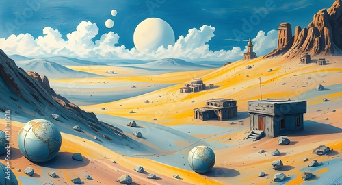 Alien Desert Village with Intricate Art Style and Vibrant Blue-Yellow Palette