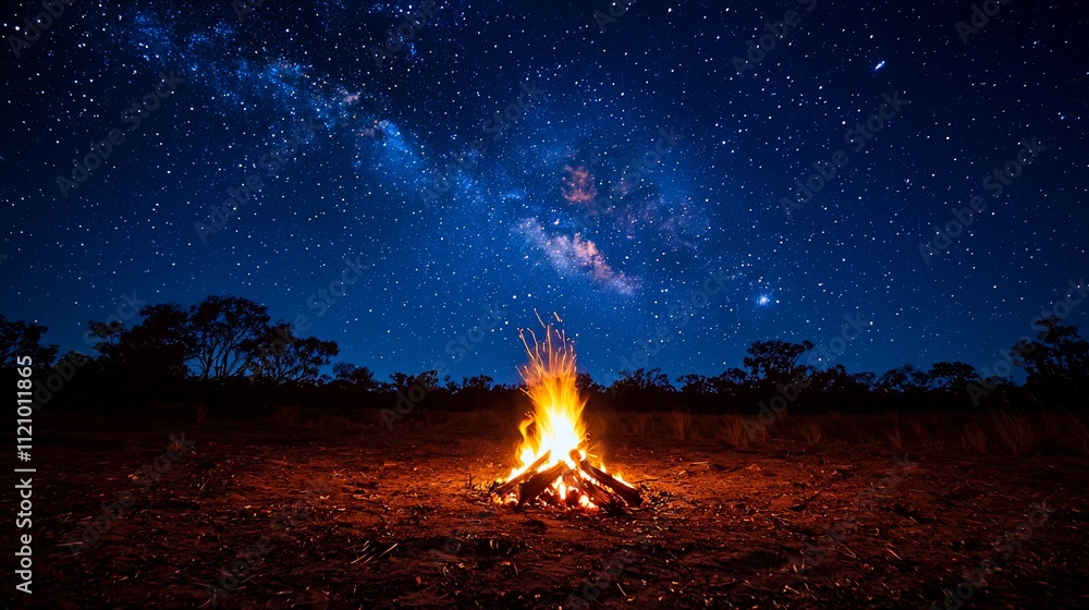 Campfire under a stunning night sky filled with stars and the Milky Way.
