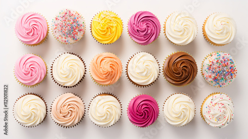 A horizontal, high-angle overhead view of a colorful cupcake with frosting and sprinkles.