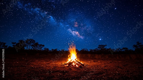 Obraz na płótnie Campfire under a stunning night sky filled with stars and the Milky Way. w salonie