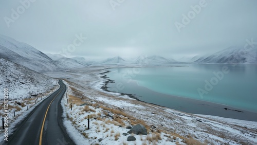 Stunning Aerial View of Lake Tekapo, New Zealand, Snow-Covered Landscape, Winding Road, Foggy Horizon photo