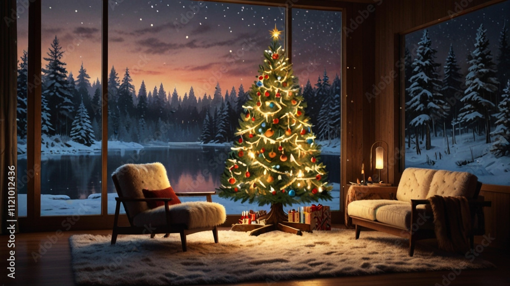 A modern christmas tree decorations in a living room A modern christmas tree decorations in a living room
