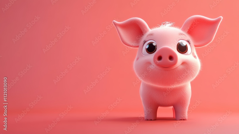 Adorable pink piglet baby with big eye on pink background Adorable pink piglet baby with big eye on pink background