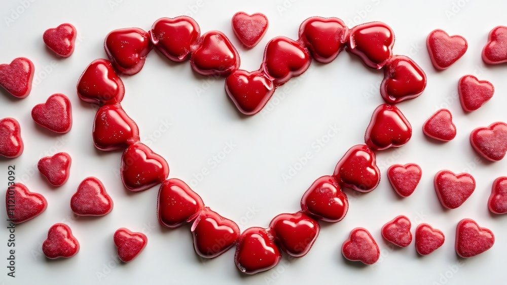 Valentine's Day Red Heart Chocolate Candies Arranged in Heart Shape Outline on White Background Valentine's Day Red Heart Chocolate Candies Arranged in Heart Shape Outline on White Background