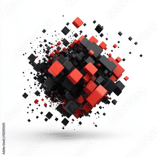 A pixelated explosion of abstract squares isolated on white background perfect for digital marketing campaigns photo